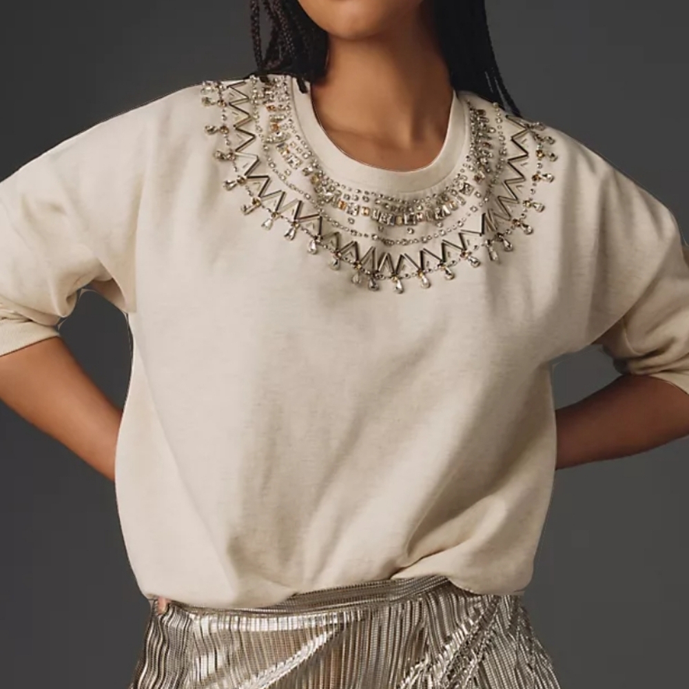 Maeve Cream Embellished Crewneck Sweatshirt